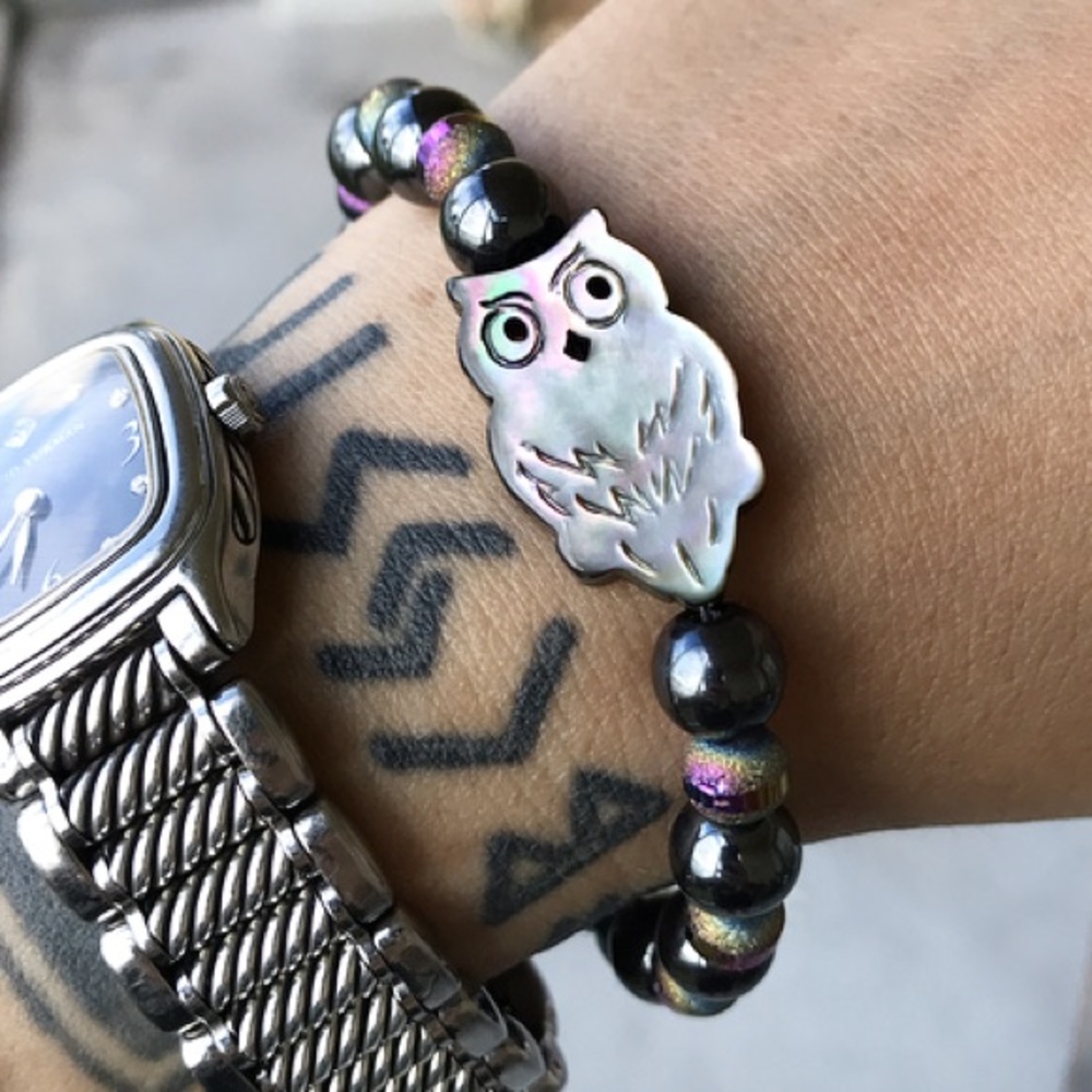 Mother of pearl owl hematite purple druzy bracelet - Picture 6 of 8